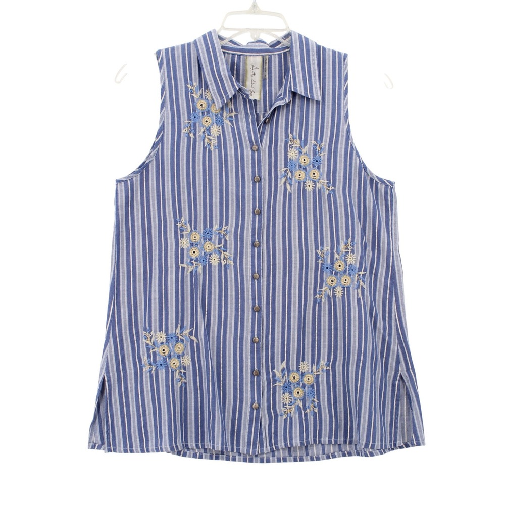 Aratta Silent Journey Shirt Small Blue Striped Floral Embroidered Sleeveless